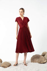 Silk Midi Dress with Pleated Skirt, V-Neck Twist Bodice and Cap Sleeves for Elegant Styling